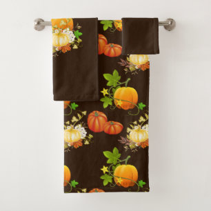 Fall Season Pumpkins Bathroom Brown Bath Towel Set