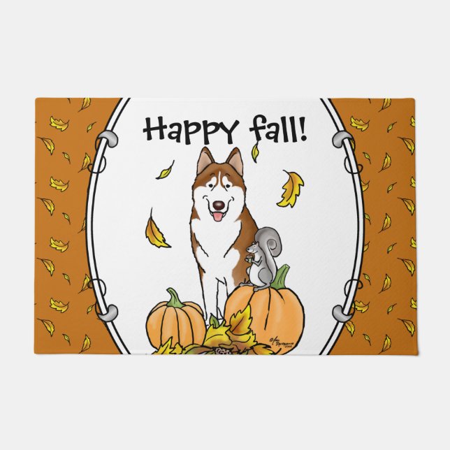 Fall Siberian Husky (red) Pumpkins Leaves Cute Doormat (Front)