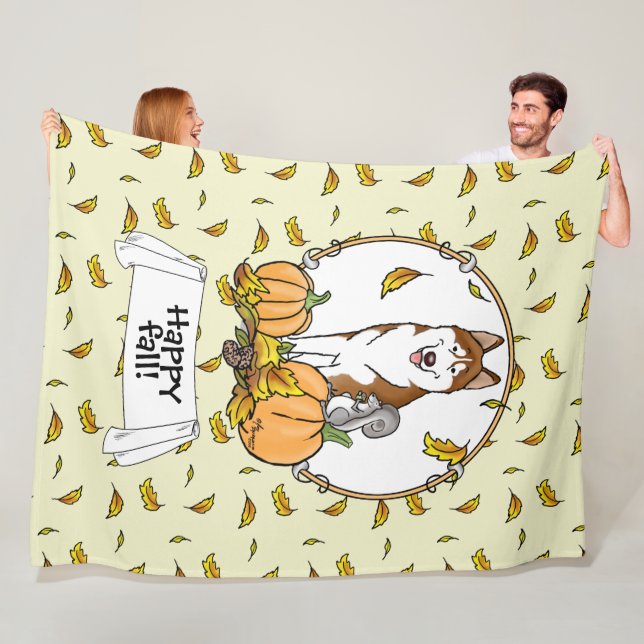 Fall Siberian Husky (red) Pumpkins Leaves Cute Fleece Blanket (In Situ)