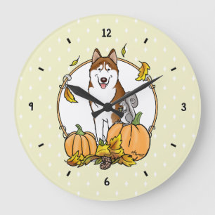 Fall Siberian Husky (red) Pumpkins Leaves Cute Large Clock