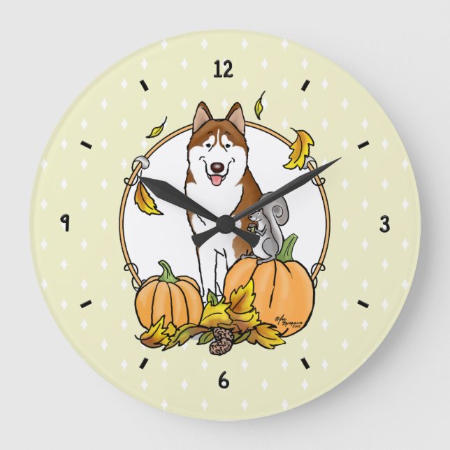 Fall Siberian Husky (red) Pumpkins Leaves Cute Large Clock (Front)