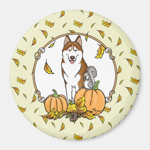 Fall Siberian Husky (red) Pumpkins Leaves Cute Magnet