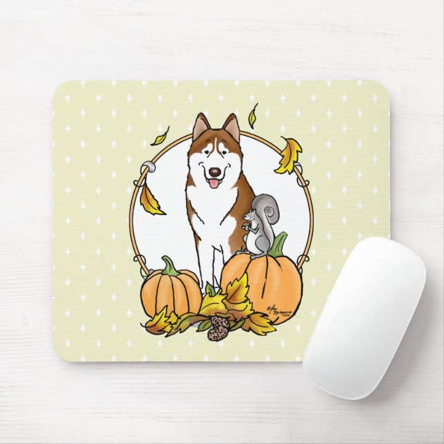 Fall Siberian Husky (red) Pumpkins Leaves Cute Mouse Pad (With Mouse)