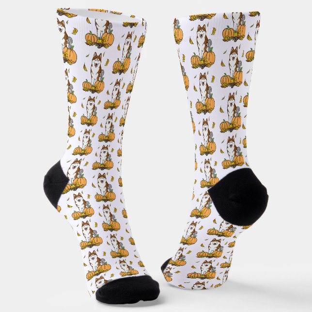 Fall Siberian Husky (red) Pumpkins Leaves Cute Socks (Angled)