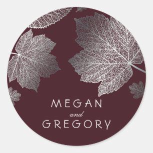 Fall Silver and Burgundy Leaves Wedding Classic Round Sticker