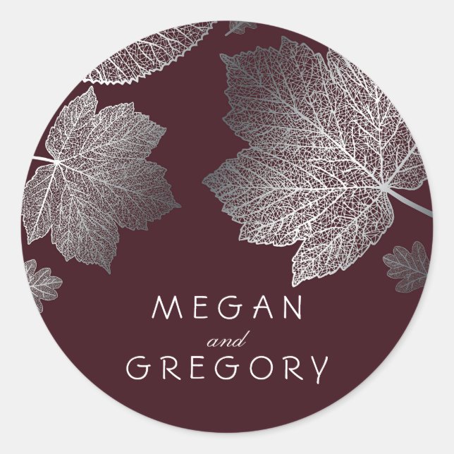 Fall Silver and Burgundy Leaves Wedding Classic Round Sticker (Front)