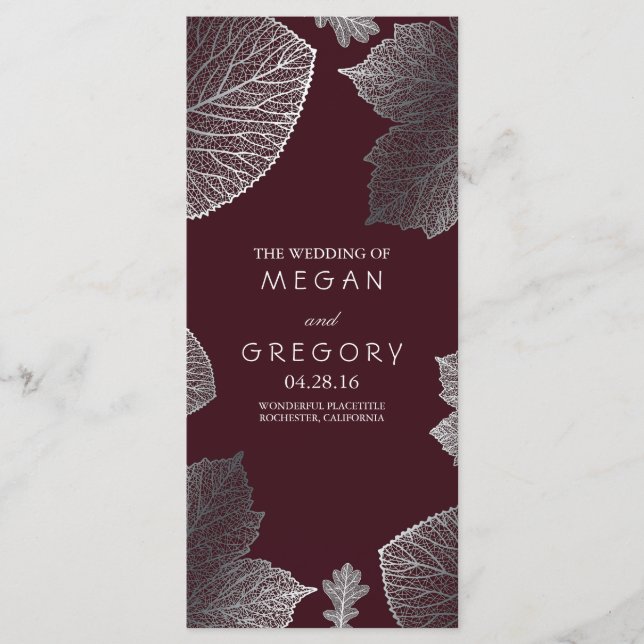 Fall Silver and Burgundy Leaves Wedding Programs Programme (Front)