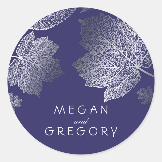 Fall Silver and Navy Leaves Wedding Classic Round Sticker (Front)