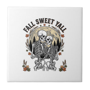 Fall Skeleton Couple Vintage Engraving Autumn Shir Tile