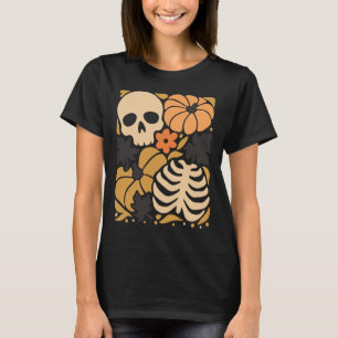 Fall Skeleton Pumpkin Floral Folk Halloween T-Shirt
