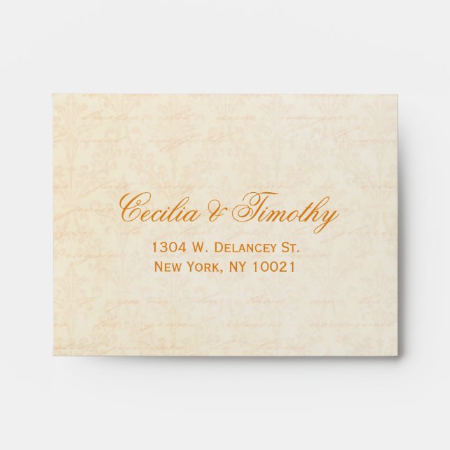 Fall Spice & Cream Damask Wedding RSVP Linen A2 Envelope (Front)