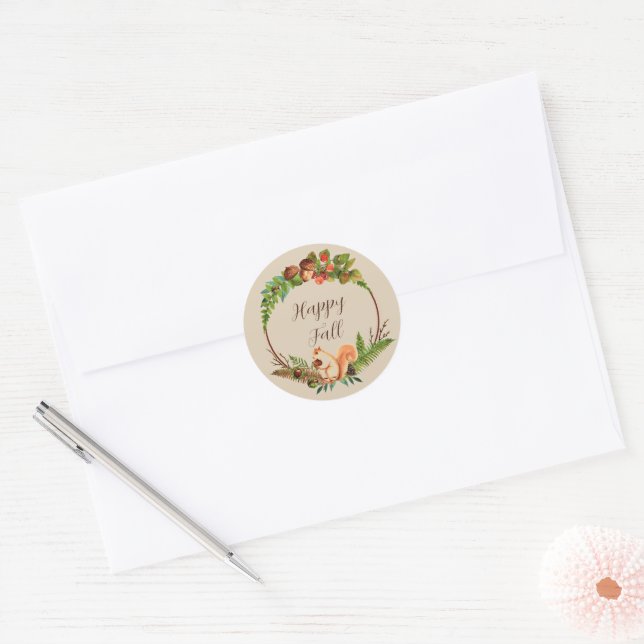 Fall squirrel and nature with customisable text  classic round sticker (Envelope)