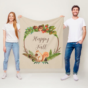 Fall squirrel and nature with customisable text fleece blanket
