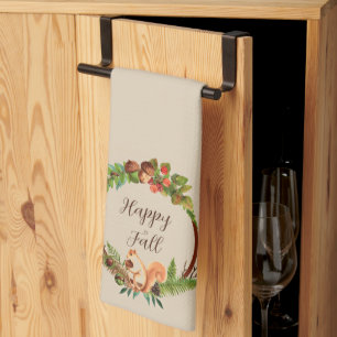 Fall squirrel and nature with customisable text tea towel