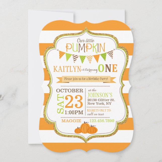 Fall Stripes and Pumpkins Birthday Invitation (Front)