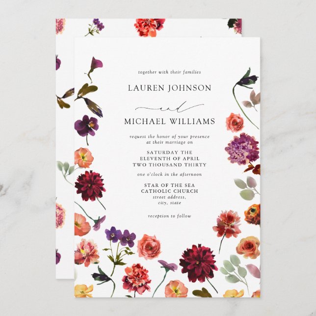 Fall Summer Garden Burnt Orange Flowers Wedding Invitation (Front/Back)