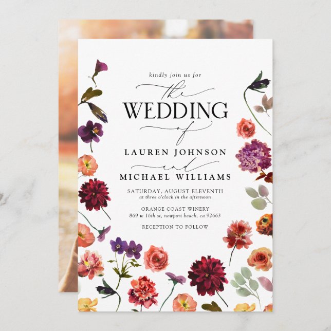 Fall Summer Garden Burnt Orange Photo Wedding Invitation (Front/Back)