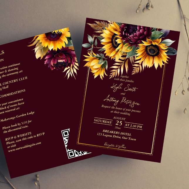 Fall summer wedding burgundy sunflowers all in one invitation (Fall summer wedding burgundy yellow sunflowers all in template invitation digital download QR RSVP)