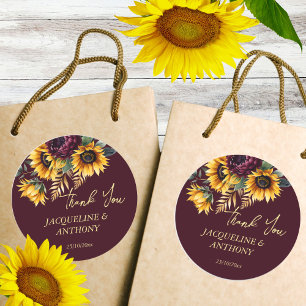 Fall summer wedding Burgundy sunflowers favour Classic Round Sticker