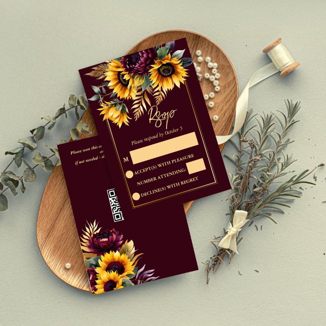 Fall summer wedding burgundy sunflowers RSVP card (Fall summer wedding burgundy sunflowers RSVP card floral RSVP card modern QR rsvp card)
