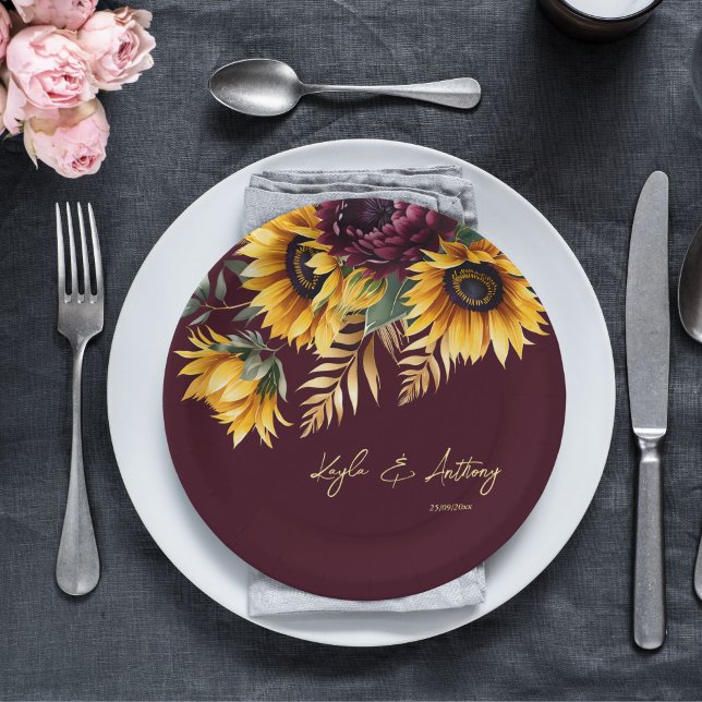 Fall summer wedding burgundy sunflowers template paper plate (Fall summer wedding burgundy sunflowers template paper plates personalized wedding tableware decor)