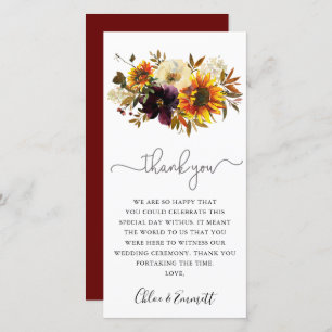 Fall Sunflower Burgundy Floral Wedding Thank You