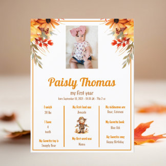 Fall Sunflower Farm 1st Birthday Milestone Poster