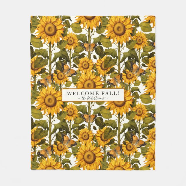 Fall Sunflower Flower Butterfly Off White Floral Fleece Blanket (Front)