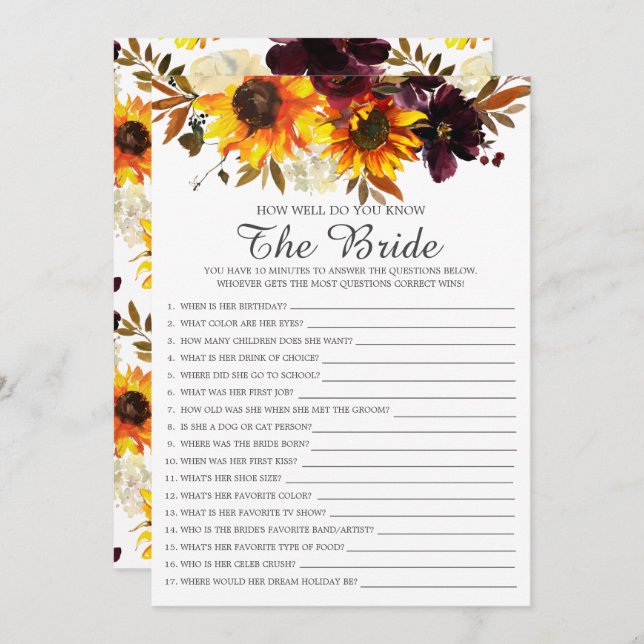 Fall Sunflower How Well Do You Know The Bride Game Invitation (Front/Back)