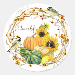 Fall Sunflower Pumpkin Floral Thankful Script Art Classic Round Sticker