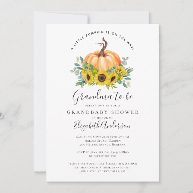 Fall Sunflower Pumpkin Grandma to Be Baby Shower Invitation (Front)