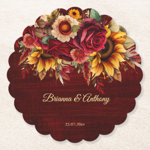 Fall sunflower wedding burgundy monogram printed paper coaster