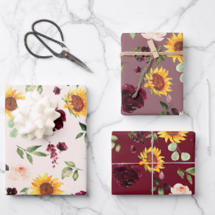 Fall Sunflowers and Burgundy Roses Bridal Shower Wrapping Paper Sheet