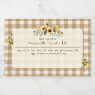 Fall Sunflowers Brown Gingham Floral Food Label