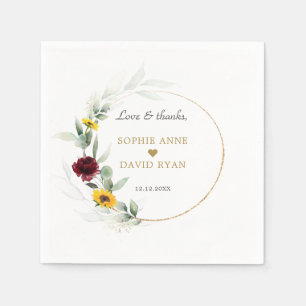 Fall Sunflowers Burgundy Roses Gold Wedding   Napkin