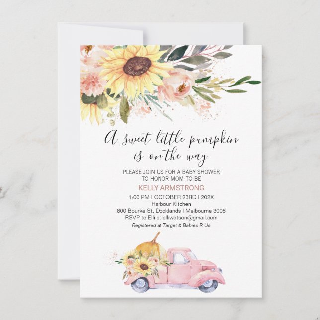 Fall Sunflowers Floral Pumpkin Truck Baby Shower  Invitation (Front)