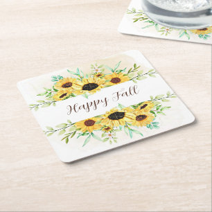 Fall Sunflowers frame with customisable text Square Paper Coaster