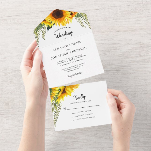 Fall Sunflowers & Green Foliage Wedding All In One Invitation (Tearaway)