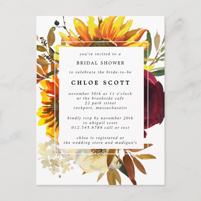 Fall Sunflowers Rose Bridal Shower Invitation Postcard (Front)