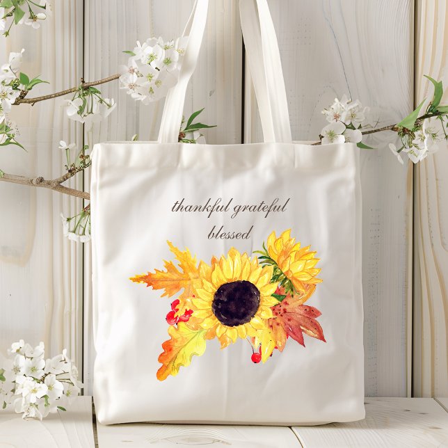 Fall Sunflowers Thankful Grateful Blessed | Floral Tote Bag (Creator Uploaded)