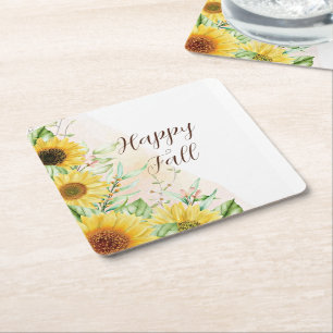 Fall sunflowers with customisable text square paper coaster
