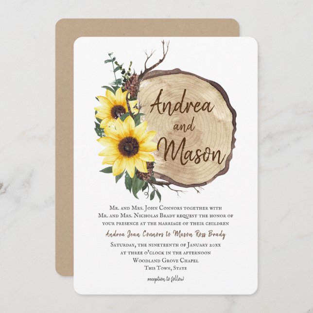 Fall Sunflowers Wood Slice Rustic Wedding Invitation (Front/Back)