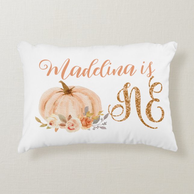 Fall sweet little pumpkin first birthday decorative cushion (Front)