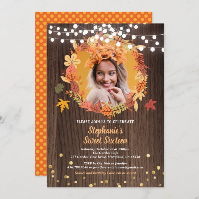 Fall sweet sixteen 16 photo invite wreath rustic (Front/Back)