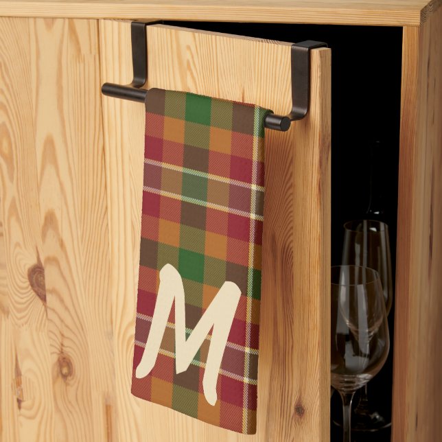 Fall tartan plaid monogram tea towel (Thirds Fold)