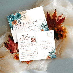 Fall Teal Burnt Orange Boho Romantic QR Code RSVP Postcard