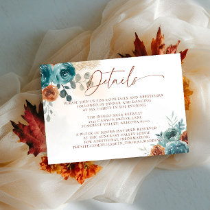 Fall Teal Burnt Orange Boho Wedding Details Enclosure Card