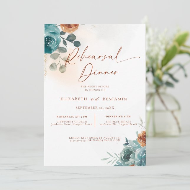 Fall Teal Burnt Orange Boho Wedding Rehearsal Invitation (Standing Front)