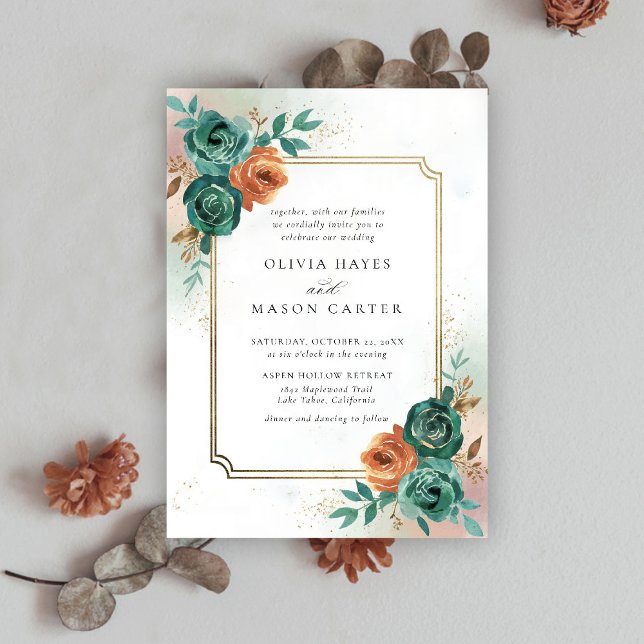 Fall Teal Burnt Orange Elegant Gold Frame Wedding Invitation (fall wedding invitation teal burnt orange terracotta watercolor floral botanical earthy nature frame)