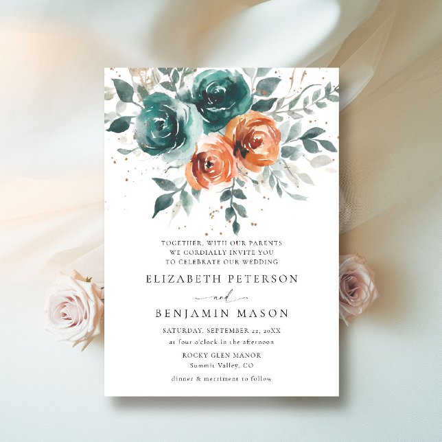 Fall Teal Burnt Orange Floral Bohemian Wedding Invitation (fall wedding invitation teal burnt orange terracotta watercolor whimsical floral elegant boho)